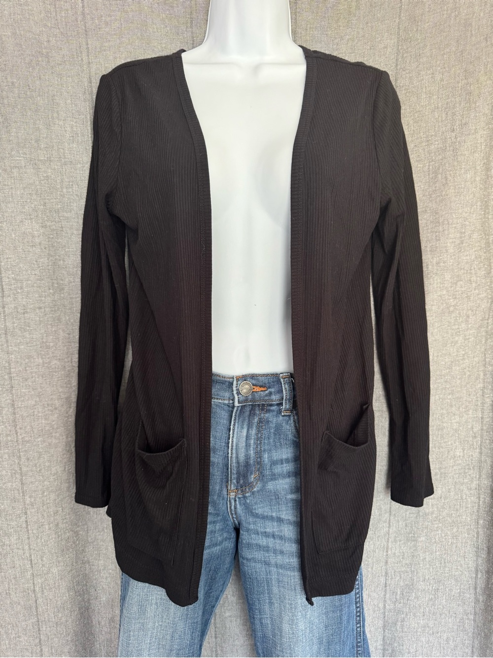Y2K Vintage Aeropostale Open Front Cardigan Sweater Pockets Black Knit Medium